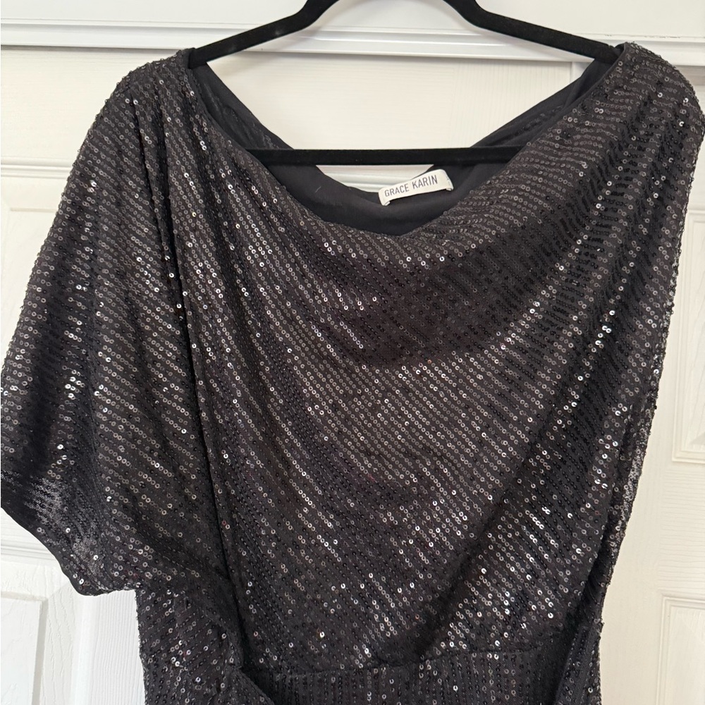 Grace Karin Black Sequin One-Shoulder Sheath Dress